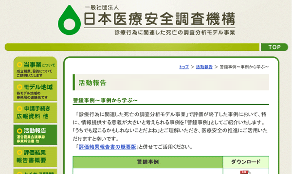 日本医療安全調査機構安全情報「警鐘事例」
