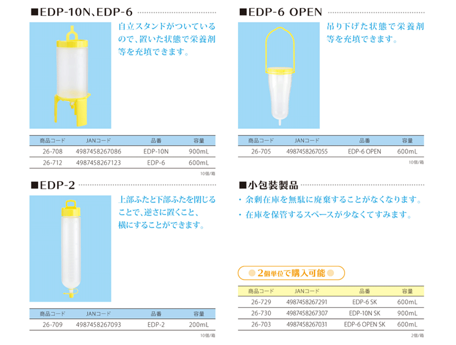 ニプロ経腸栄養ボトルの仕様。EDP-10N:900mL,EDP-6:600mL,EDP-6 OPEN:600mL,EDP-2:200mL。